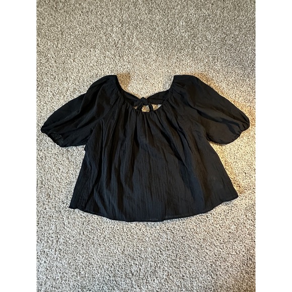 Old Navy Puff Sleeve Gauze Top Size M Black Tie Back Casual Blouse Whimsygoth - Picture 1 of 4